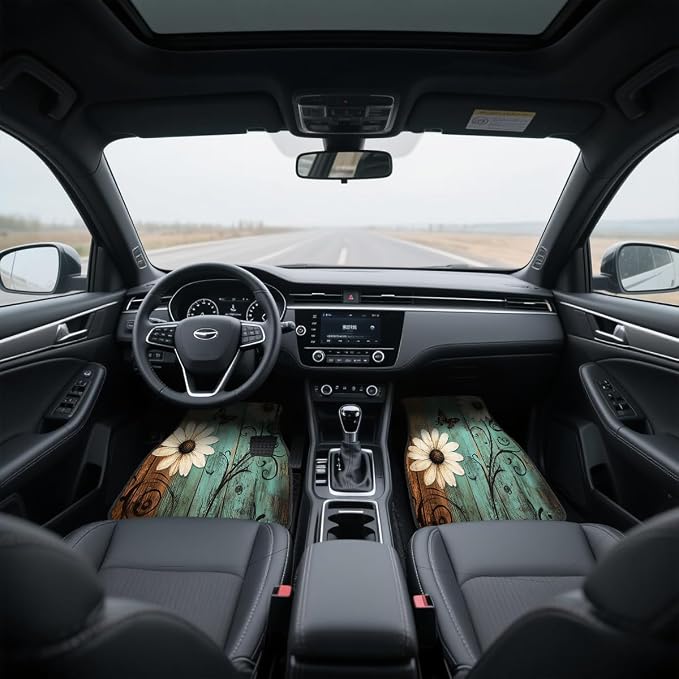 Nature Car Floor Mats Set of 4 Rustic Daisy Butterfly Wooden Automotive Foot Mats Rugs Carpet for Car Non-Slip Auto Car Accessories Universal Fit for Car SUV Truck Van