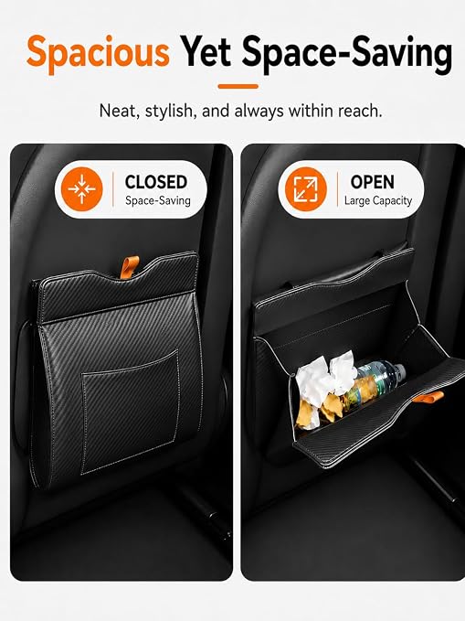COZILO Leather Car Trash Can, Leak-Proof Odor-Lock Car Garbage Can with 60 Liners, Magnetic Closure & Liner-Hold, Storage Pocket, Metal Hooks, Hanging Car Trash Bin for SUV Sedan Truck, Carbon Fiber