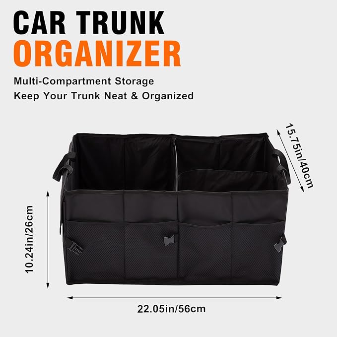 Car Trunk Organizer, Collapsible Multi Compartment Vehicle Storage Box, Waterproof Adjustable Automotive Organization Container Accessories, Universal for SUV, Sedan, Truck (Black)