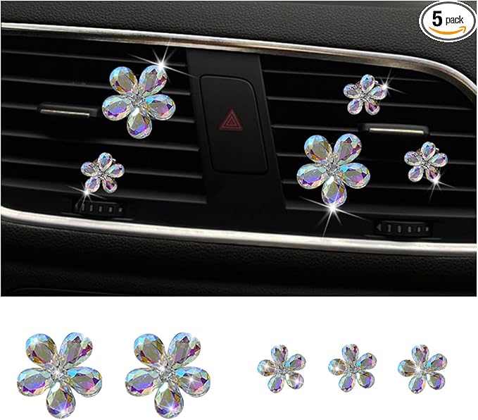 Zpana Bling Daisy Flower Car Air Vent Clips, 5PCS Sparkling Crystal Rhinestone Cute Vehicle Air Conditioning Clamp, Diamond Auto Air Outlet Clip Decor for Women Girls, Universal Fit (Multicolor)