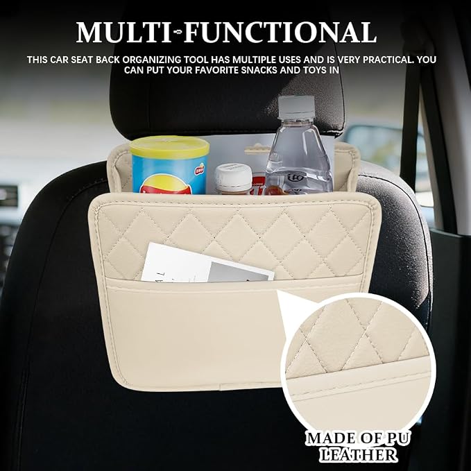 Car Seat Back Organizer, Car Organizers and Storage, PU Leather Vehicle Backseat Hanging Storage Pocket, Multipurpose Auto Organizer Hanging Universal for Most Vehicles (Beige without Pocket)