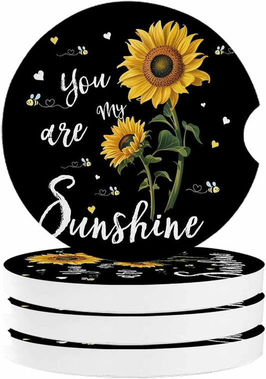 Small Car Coasters for Cup Holders 2.65" Absorbent 4 Pack Car Coaster Ceramic Stone for Drinks Absorb Water Drops You are My Sunshine Sunflower and Bee on Black