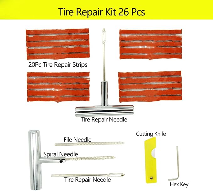 Tire Plug Kit 26 Pcs Heavy Duty Tire Repair Plugs Tools | Flat Tire Repair Kit with Plugs for Cars, Truck, RV, SUV, ATV, Motorcycle, Tractor, Trailer