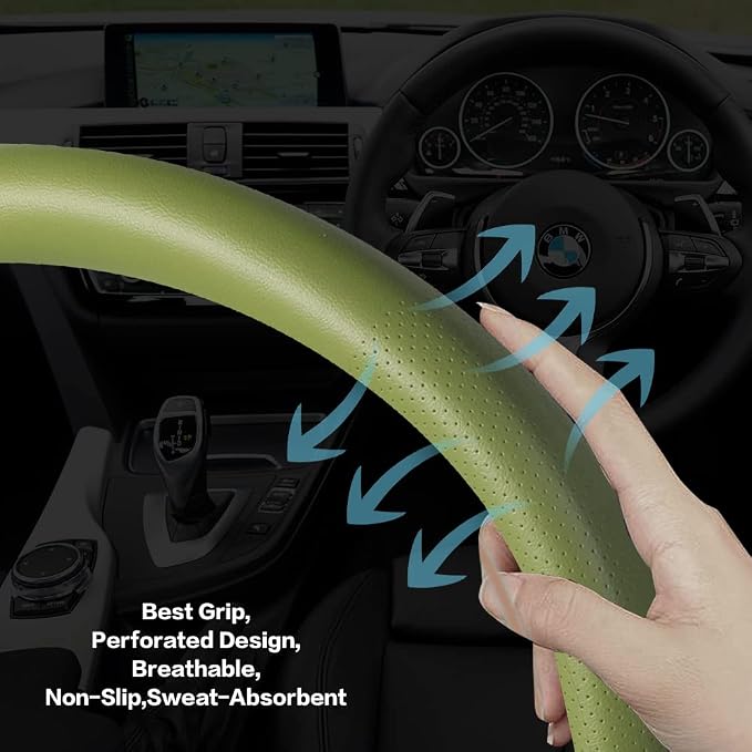 Car Steering Wheel Cover,Universal 15 Inch Premium Leather Car Steering Wheel Cover,Best Grip,Perforated Design,Breathable,Non-Slip,Sweat-Absorbent,Warm in Winter and Cool in Summer (Green)