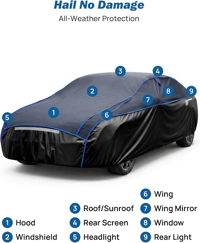 JOYTUTUS Hail Protector Car Cover for Sedan (194-208 inch), Thick EVA Padded Anti-Hail Cover, Waterproof All Weather Hail Protection Car Cover