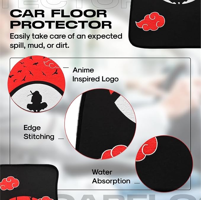 Anime Car Carpet Mat Set of 2 Front, Black Uchha Design Automotive Accessories Interior All Weather Floor Mats Decor with Non Slip Black Anti Skid Backing