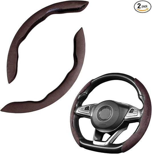 Car Steering Wheel Cover, Microfiber Suede Leather and Carbon Fiber Double Sided Design, Warm in Winter and Cool in Summer, Breathable Non Slip Segmented Protector for Most Cars (Turn Fur/Coffee)