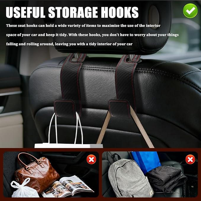 2PCS Car Seat Headrest Hooks, Purse Hook for Car, Automotive Headrest Handbags Holder, Auto Accessories Leather Seatback Organizer Hanger for Hanging Purses Bags Coats (Carbon Fiber, 1PCS)