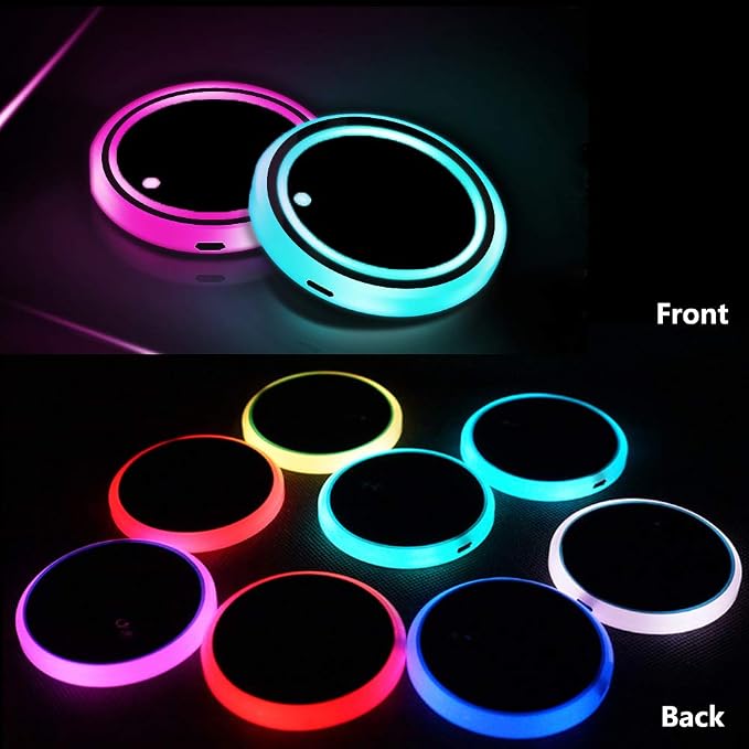 LED Car Cup Holder Lights, 7 Colors Changing USB Charging Coaster Waterproof Cup Pad, LED Interior Atmosphere Lamp Decoration Inside Car Lighting Accessories (2Pcs) (Style 1)