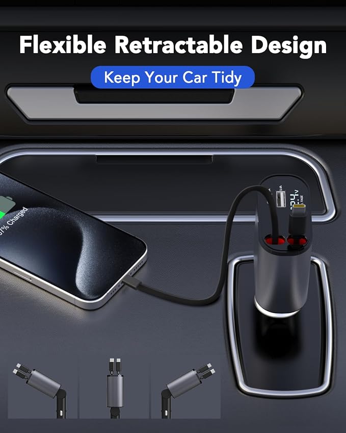 Retractable Car Charger,Car Phone Charger USB C Fast Charge for iPhone | EloBeth Car Charger,Cigarette Lighter USB Charger Car Accessories,Road Trip Essentials Gift for Men,for iPhone 17/16,Galaxy