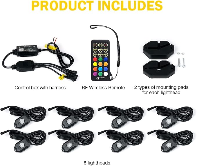 Xprite Colorful LED Rock Lights Kit with Bluetooth & Wireless Remote Controller, Multicolor Cars Underglow, Wheel, Footwell Neon Light Kits, for Off-Road UTV ATV Trucks SUV Motorcycle Boats - 8 Pods