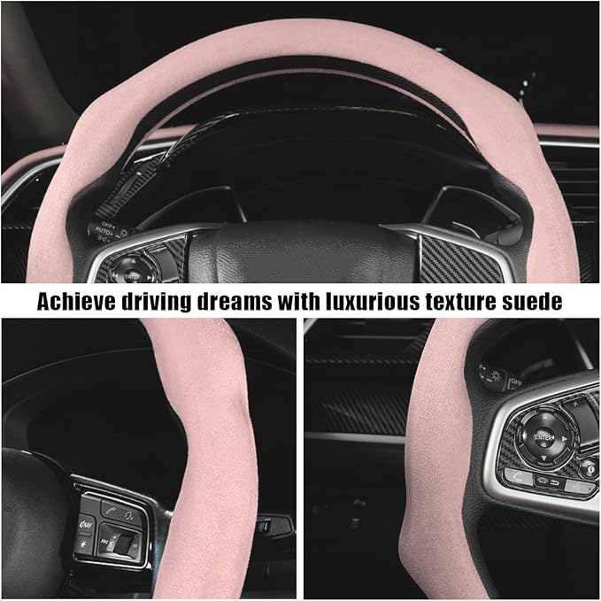 Mandark Car Steering Wheel Cover, Suede Sport Vehicle Steer Wheel Protector Fitting 15 Inch, Non-Slip Comfortable Automotive Interior Decoration Accessories, Universal for Most Cars (Pink)