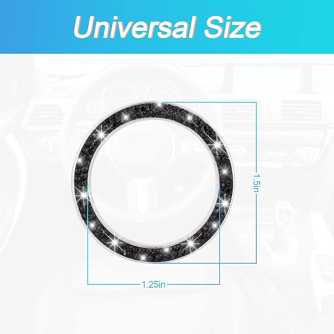 Bling Crystal Rhinestone Engine Start Ring Decals, 2 Pack Push Start Button Cover/Sticker, Key Ignition Knob Bling Ring, Sparkling Car Interior Accessories for Women (Black)