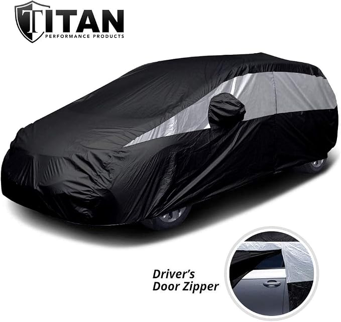 Titan Jet Black Poly 210T Car Cover for Hatchbacks 165-181". Waterproof, UV Protection, Scratch Resistant, Driver-Side Zippered Opening. Fits Prius, Focus, Civic and More.