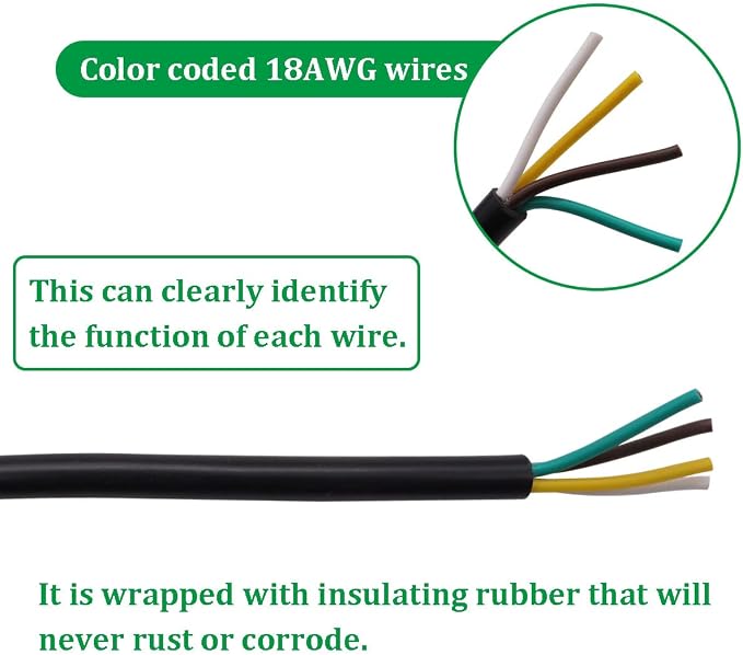 5 ft/1.5m 4-Way Trailer Wiring Harness,18AWG 4-Pin Flat Trailer Wire Extension Connector