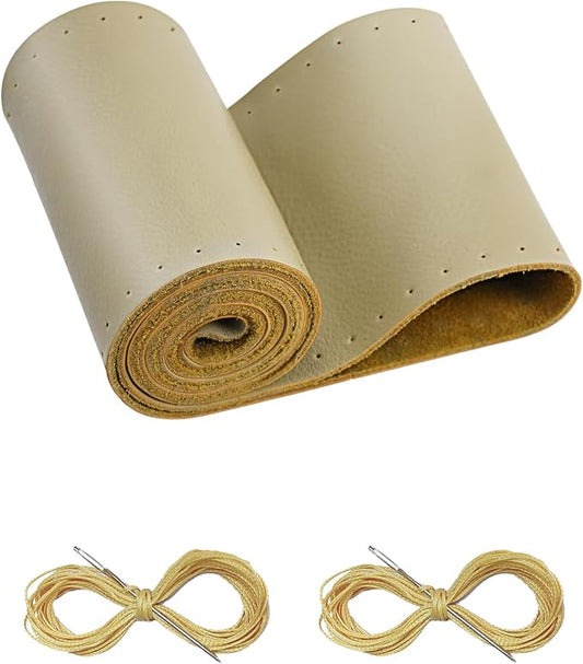BELINOUS Leather Steering Wheel Cover Lace Up, Stitch on Steering Wheel Wrap, Universal Fit 13-20 Inch Car Truck Pickup Boat, A Whole Piece of Cowhide, DIY w/Needle Thread (Size XXL1, Beige)