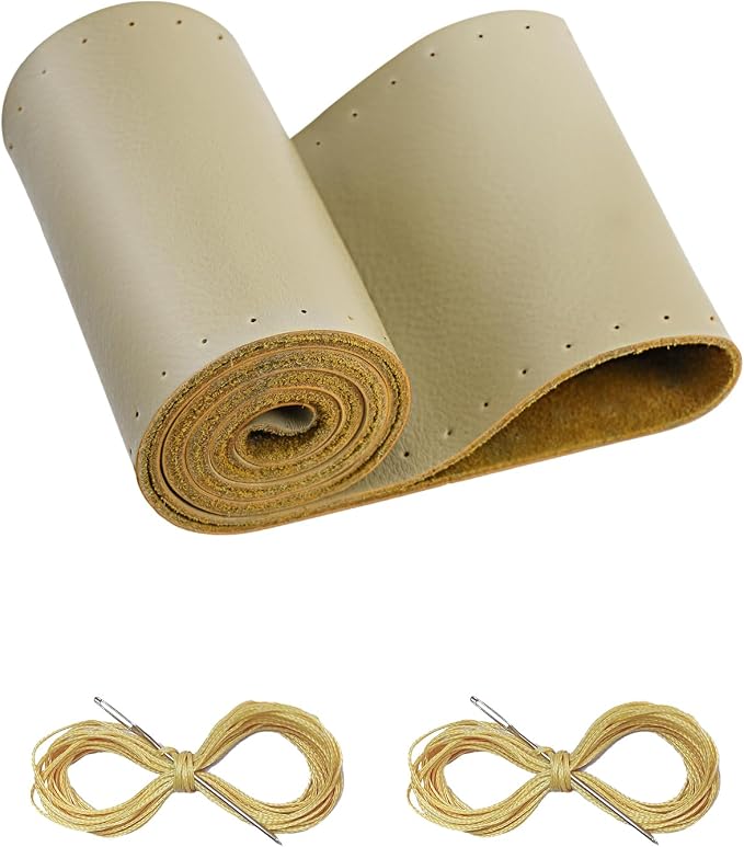 BELINOUS Leather Steering Wheel Cover Lace Up, Stitch on Steering Wheel Wrap, Universal Fit 13-20 Inch Car Truck Pickup Boat, A Whole Piece of Cowhide, DIY w/Needle Thread (Size S5, Beige)