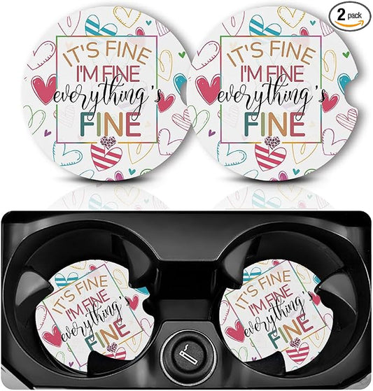 Yonlevres Car Coasters for Cup Holders，2.75" Anti Slip Rubber Mat with A Finger Notch, 2 Pack Car Cup Holder Coasters for Car Interior Accessories for Women Men I'm Fine