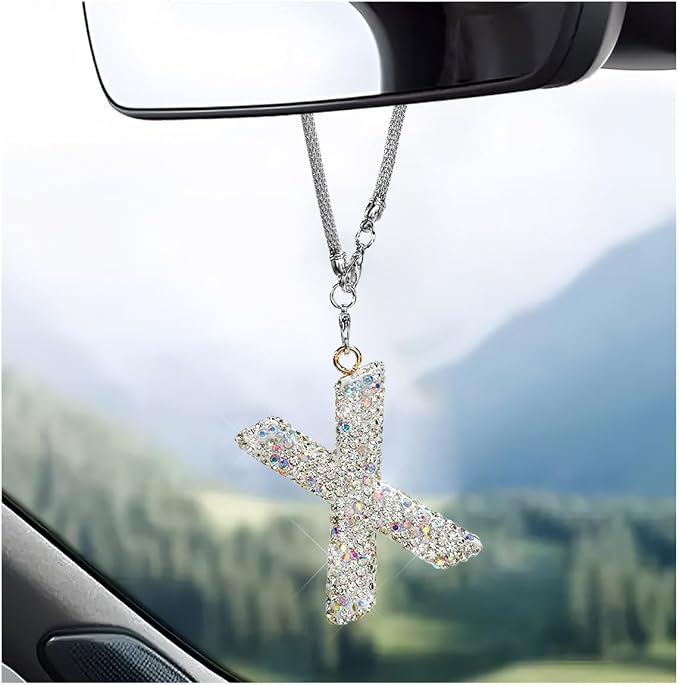 DXNQ Bling Initial Car Rear View Mirror Ornament, Crystal Sparkling Cute Letter Charm Pendant Auto Decor, Hanging Lucky Diamond Initial Charm Car Mirror Bag Ornament for Girl Women (Letter X)