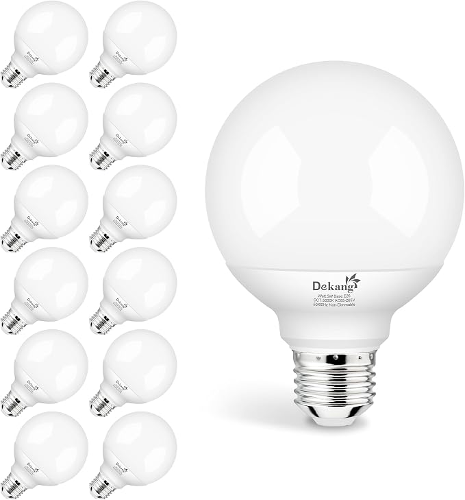 12-Pack G25 LED Globe Light Bulbs for Bathroom 5000K Daylight White, E26 Base Vanity Light Bulbs 60W Incandescent Equivalent, 5W Round Light Bulb, 500LM, CRI 85+, Non-dimmable