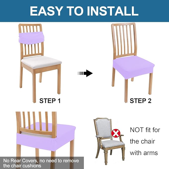 Smiry Waterproof Seat Covers for Dining Room Chairs Set of 6, Stretch Jacquard Removable Washable Chair Seat Slipcovers Protector, No Rear Covers, Lavender