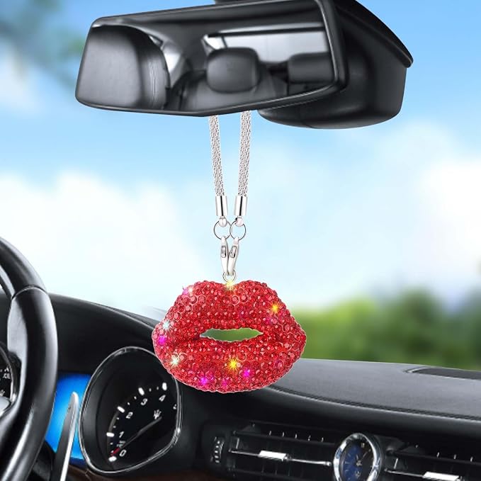Bling Lip Diamond Car Accessories for Women, Crystal Rear View Mirror Accessories,for Family and Lover,Car Decoration, Valentine's Gift, Lucky Hanging Interior Ornament (Red)
