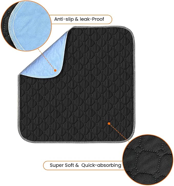 2 Pack Waterproof Chair Pads for Incontinence, Wheelchair Seat Pads, Reusable Washable Seat Protector Pads for Bed, Seat, Wheelchair & Recliner, Black