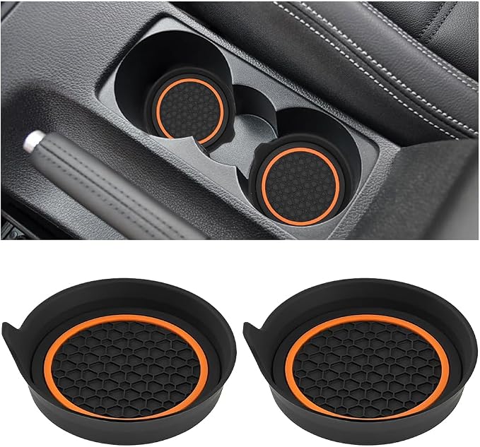 HZEL Car Cup Holder Coasters, 2PCS Non Slip Waterproof Vehicle Water Bottle Pads, Recessed Automotive Drink Mat Decoration Accessories, Universal Fit (Orange/Black)