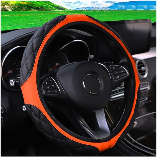 15 Inch Car Leather Steering Wheel Cover, Automotive Accessories Elastic Breathable Anti-Slip Soft Wheel Protector Fits Men and Women, Suitable for SUVs, Trucks, Vehicles and RVs (Orange)