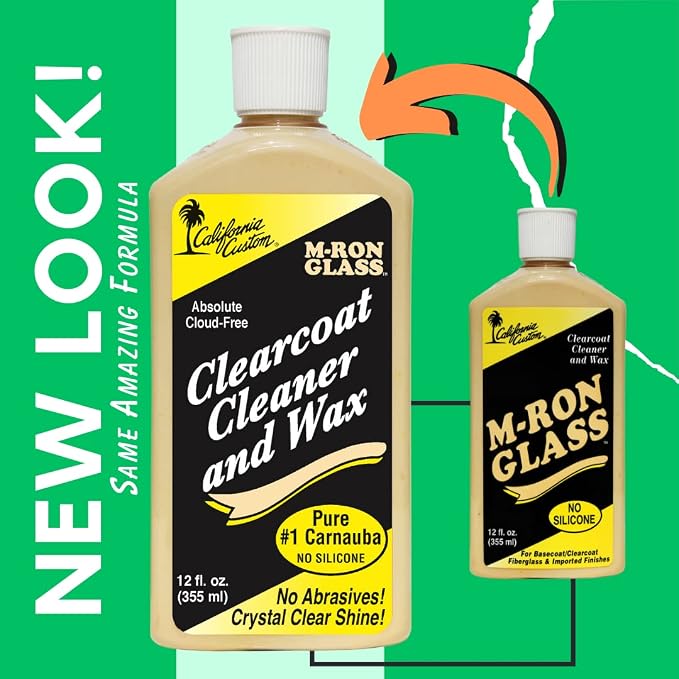 CALIFORNIA CUSTOM - M-Ron Glass Clearcoat Cleaner & Wax with Finest Pure #1 Carnauba Wax, Seals and Protects With A Crystal Clear Shine, No Silicone, Can Be Applied In Direct Sun Light! 12 oz