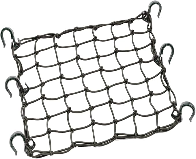 Small Cargo Net 15"x15" Stretches to 30"x30" with Thicken Hooks | Natural Latex Core, Tight 2”x2” Mesh Heavy Duty Bungee Net for Motorcycle Helmet, Bike, ATV, UTV, Luggage (Black, 1 Pack)