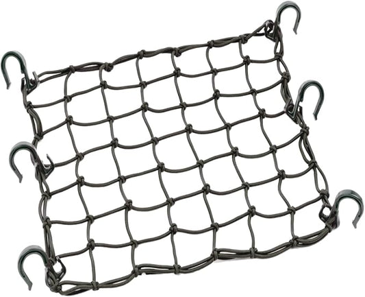Small Cargo Net 15"x15" Stretches to 30"x30" with Thicken Hooks | Natural Latex Core, Tight 2”x2” Mesh Heavy Duty Bungee Net for Motorcycle Helmet, Bike, ATV, UTV, Luggage (Black, 1 Pack)