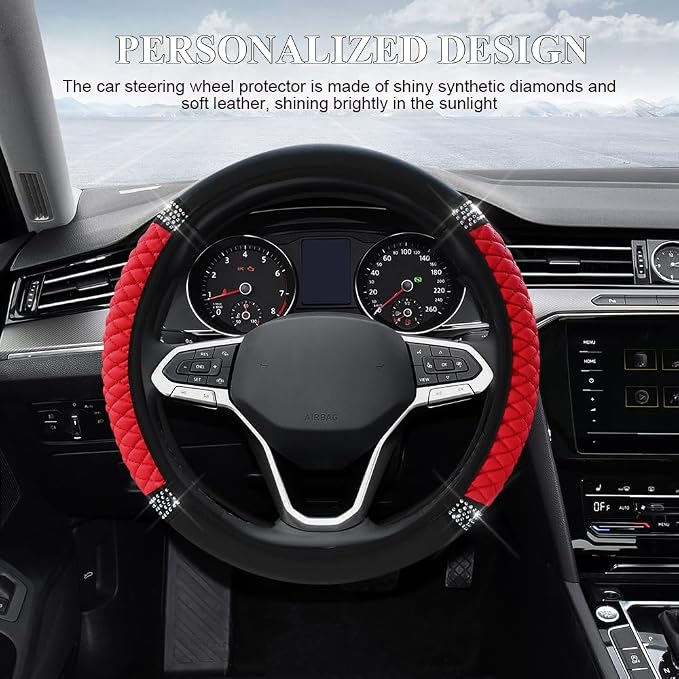 Bling Soft Leather Steering Wheel Cover, 15 Inch Colorful Rhinestones Auto Elastic Steering Wheel Protector for Women Girls, Car Accessories Anti Slip Steering Wheel Cover for Cars, SUVs (Red)