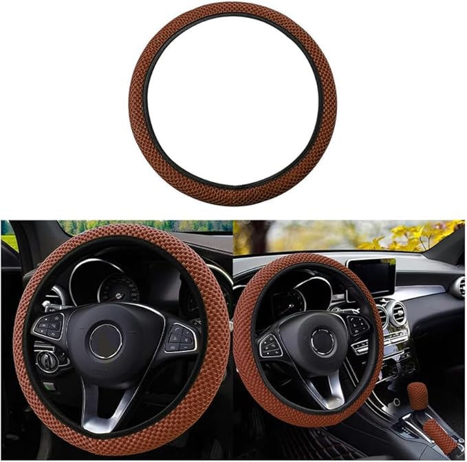 Elastic Stretch Steering Wheel Cover, Universal 15 Inch Car Steering Wheel Cover, Microfiber Breathable Ice Silk, Anti-Slip, Odorless, Easy Carry, Warm in Winter and Cool in Summer (Brown)