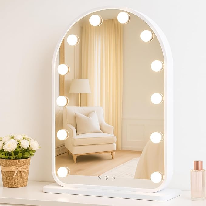 LUXFURNI Vanity Mirror with Lights, 24.5" Arched Hollywood Makeup Mirror | 12 LED Lights, 3 Color Modes, Touch Memory Control, Arched Frame No‑Bend Full‑Face View, HD Anti‑Glare Rust‑Resistant Glass
