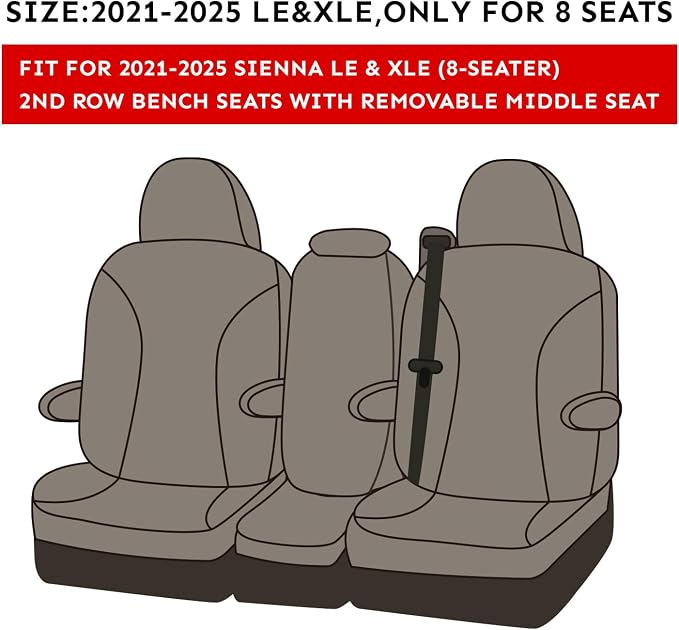 coverdream Sienna Seat Covers Custom Fit for 2021-2026 Toyota Sienna LE/XLE (8-Passenger),2nd Row Bench w/Removable Middle Seat,Fully Covered,Waterproof Leather Car Seat Protector (Full Set,Beige)