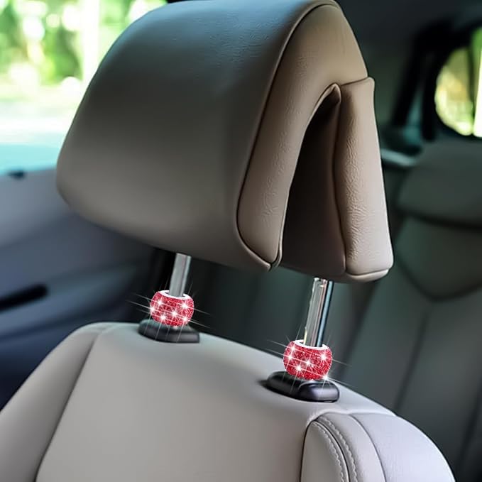 4PCS Bling Car Headrest Collars, Crystal Rhinestone Vehicle Head Rest Collars Decorative Rings, Diamond Automotive Seat Interior Charms Accessories, Universal for SUV, Sedan, Truck (Red)