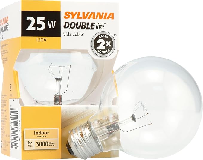 Sylvania Double Life 25 Watt Vanity Light Bulbs 1 Pack - Incandescent E26 Medium Base Globe Bulbs for Bathroom, Dimmable G25 Type G Round Vanity Bulbs 25W, 120V Clear Warm White 3000 Hour