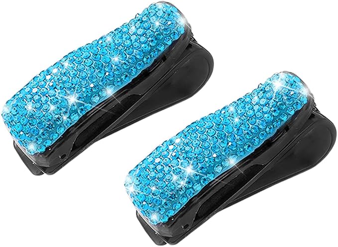 Moly Magnolia Bling Car Glasses Holder, 2PCS Handcrafted Crystal Rhinestones Fashion Car Sunglasses Mount with Card Clip for All Sun Visors, Auto Interior Accessories for Women Girl (Light Blue)