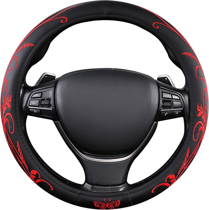 Car Leather Steering Wheel Cover - Panapi Material, Universal 14.5-15 Inch Leather Anti-Slip Breathable Auto Steering Wheel Covers for Men Women (Embroidery-Red)