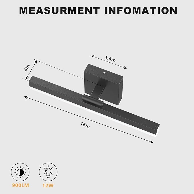 IZORRO Modern Bathroom Vanity Light 16 inch, Rotatable, 12W Dimmable Led Bathroom Light Fixture Over Mirror, Black Vanity Light Bar (5 Color Temperature)