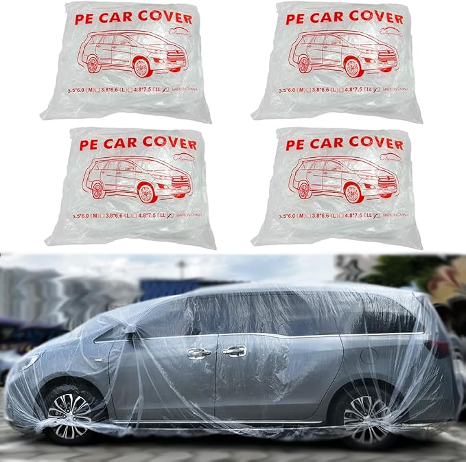 4 Packs Disposable Car Cover Clear Plastic Car Cover Universal Rain Dust Garage Cover with Elastic Band Large (15.7FT x 24.6FT)