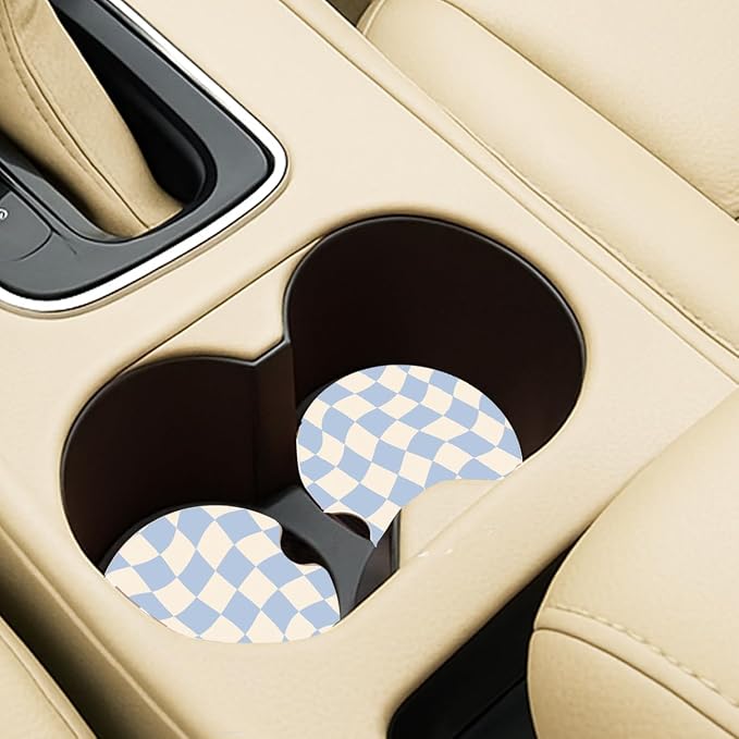 Ceramic Car Coasters – Absorbent Car Cup Holder Coaster Set for Women, Cute Aesthetic Car Accessories for Girls, 2 Pack (Light Blue)