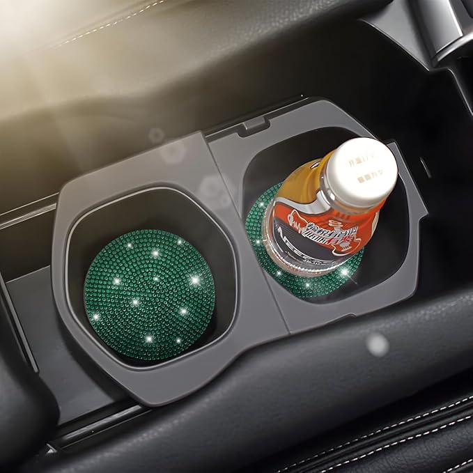 Osilly Bling Car Cup Holder Coaster, Crystal Rhinestone Anti-Slip Insert Coasters, Universal 2.75 Inch Fashion Automotive Cup Mat, Car Interior Accessories Decor Gifts for Women (Green, 4PCS)