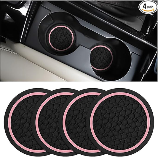 Mandark 4PCS Car Cup Holder Coasters, 2.75 Inch Non-Slip Insert Water Bottle Holder Pads, Dustproof Automotive Interior Accessories Mat, Universal for Vehicles, Trucks, RVs and More（Black/Pink）