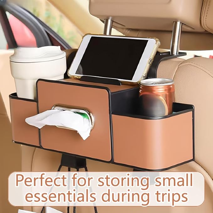 3-in-1 Multifunctional Car Backseat Organizer with Cup Holder, Tissue Box, Trash Bin & Hooks for Hold Phones, Snacks, Drinks, Handbags (Brown)