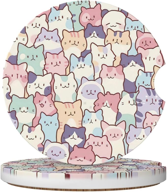 Cute Colorful Cats Car Coasters for Cup Holders,2 Pack Car Cup Holder Coasters for Car,Ceramic Absorbent Car Coaster with A Finger Notch and Cork Base,Car Interior Accessories for Women Men