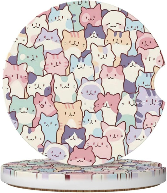 Cute Colorful Cats Car Coasters for Cup Holders,2 Pack Car Cup Holder Coasters for Car,Ceramic Absorbent Car Coaster with A Finger Notch and Cork Base,Car Interior Accessories for Women Men