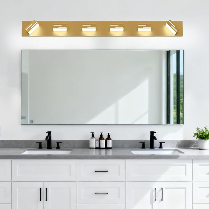 LED Modern Bathroom Vanity Light Fixtures, Dimmable Gold Vanity Lights for Bathroom Lighting Fixtures Over Mirror, with 360° Rotatable Heads 6-Light 42-inch (Cool White 6000K)