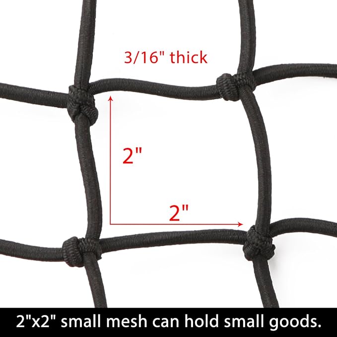 CZC AUTO 22"x38" Black Latex Bungee Cargo Net Strech to 44"x76", Luggage Netting with 2"X2" Small Mesh and 12 Adjustable Plastic Hooks for Rooftop Cargo Carrier Roof Rail Rack Hitch Basket SUV